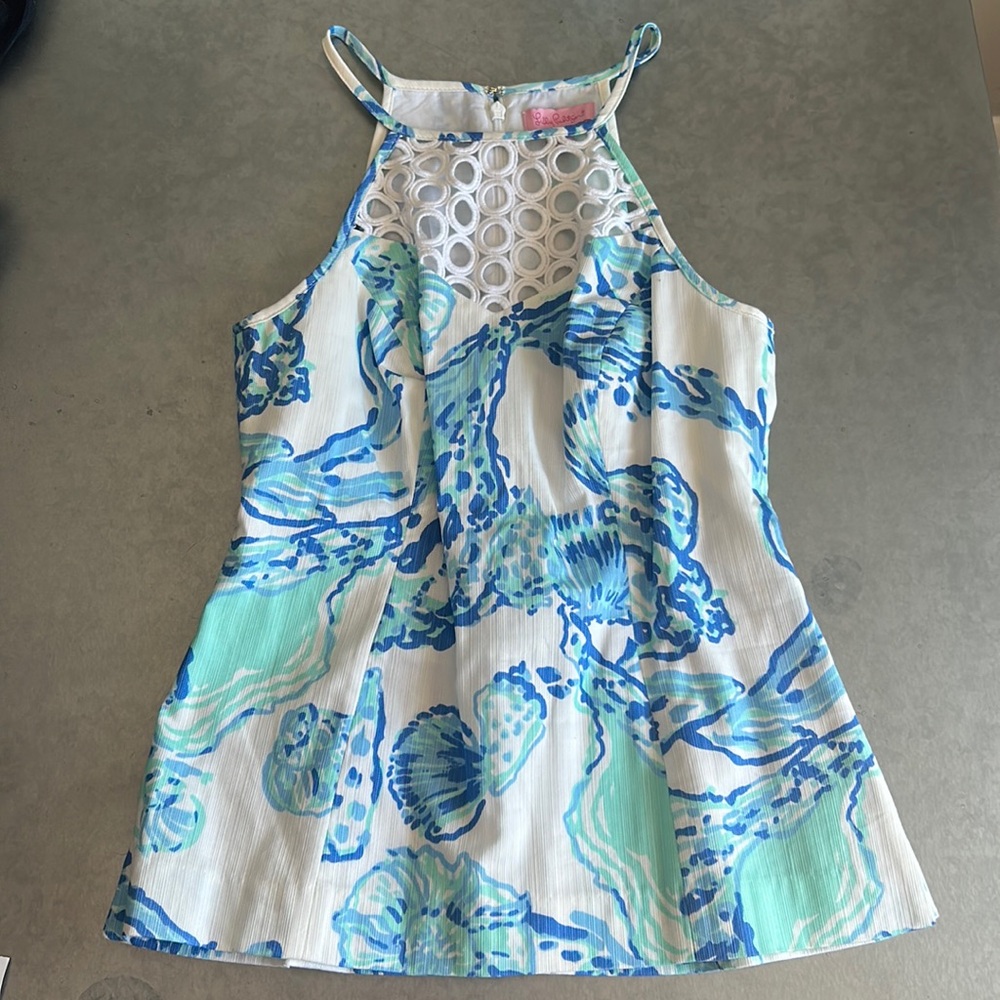 Lilly Pulitzer Larina Top Resort White Barefoot Princess Blue Green Lace Halter - Picture 2 of 5